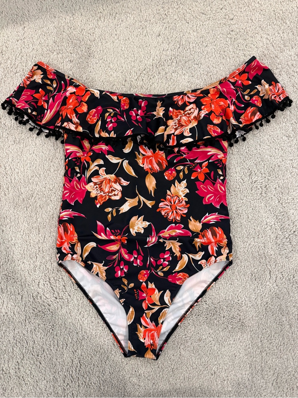 Women’s Floral Off-Shoulder One-Piece Swimsuit - Black w/ Flowers Size L